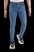 Erkek Dar Paça Düz New Koyu Mavi Kot Pantolon - 1