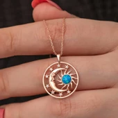 Lucky Life 925 Ayar Gumuss Rose Opal Mavi Taşlı Ay Güneş Lucky Life Kadın  Kolye thumbnail 3