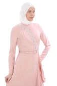 El İşlemeli Saten Elbise 693-Pudra - 3