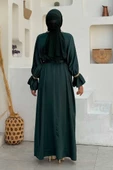 Taş İşleme Detaylı Kuşaklı Elbiseli Abaya Takım 3860 Zümrüt thumbnail 2