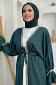 Taş İşleme Detaylı Kuşaklı Elbiseli Abaya Takım 3860 Zümrüt thumbnail 4