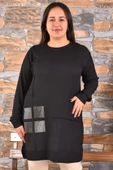 Lugmo Kadın Tesettür Tunik Kare Taşlı Üst Bluz (90 cm) Siyah - 2