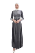 Aplike Detaylı Kadife Tesettür Abiye Elbise 694-Gri thumbnail 1
