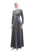 Aplike Detaylı Kadife Tesettür Abiye Elbise 694-Gri thumbnail 3