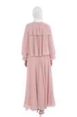 Yaka Boncuk İşlemeli Çift Volanlı Tesettür Elbise 2713-Pudra thumbnail 4