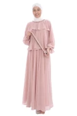 Yaka Boncuk İşlemeli Çift Volanlı Tesettür Elbise 2713-Pudra thumbnail 1