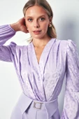 Kruvaze Desenli Bodysuit Bluz - LİLA - 3