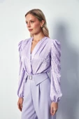 Kruvaze Desenli Bodysuit Bluz - LİLA - 1