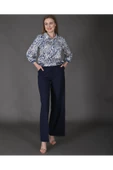 Modatalika Kadın Özel Tasarım Takım Gömlek Yaka Fermuar Detaylı Pantolon Bluz Ribanalı Desenli thumbnail 5
