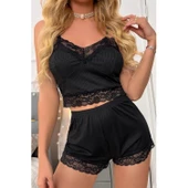 Lucky Life Viskon Siyah Askılı Dantelli Zarif Şortlu Takım - 2