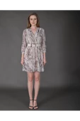 Modatalika Kadın Yeni Sezon Mini Boy Desenli Truvakar Kol Kemer Detaylı Mini Elbise thumbnail 2