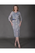 Modatalika Kadın Yeni Sezon Midi Boy Dijital Desenli Truvakar Kol Kemer Detaylı Elbise thumbnail 5