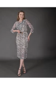 Modatalika Kadın Yeni Sezon Midi Boy Dijital Desenli Truvakar Kol Kemer Detaylı Elbise thumbnail 1