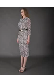 Modatalika Kadın Yeni Sezon Midi Boy Dijital Desenli Truvakar Kol Kemer Detaylı Elbise thumbnail 3