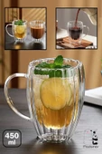 2'li Çift Cidarlı 450 ml Kulplu Isıya Dayanıklı Cam Bardak Burgulu Çay Süt Kahve Kupası Bardağı Set - 2