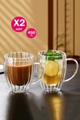 2'li Çift Cidarlı 450 ml Kulplu Isıya Dayanıklı Cam Bardak Burgulu Çay Süt Kahve Kupası Bardağı Set - 1