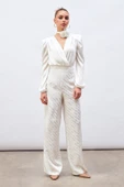 Kruvaze Saten Bodysuit Bluz - EKRU - 2