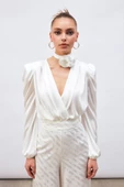Kruvaze Saten Bodysuit Bluz - EKRU - 3