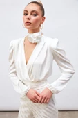 Kruvaze Saten Bodysuit Bluz - EKRU - 5