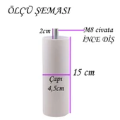 8 Adet Silindir Destek Ayağı 15 cm Beyaz Gizli Ayak M8 Civatalı İnce Diş Mobilya Kanepe Baza Koltuk Ayakları - 3