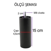 4 Adet Destek Ayağı 15 cm Siyah ve 4 Adet Düz Ayak Tabanı M8 Civatalı İnce Diş Mobilya Kanepe Baza Seti - 4