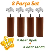 4 Adet Destek Ayağı 12 cm Kahverengi ve 4 Adet Düz Ayak Tabanı M8 Civatalı İnce Diş Mobilya Baza Seti - 1