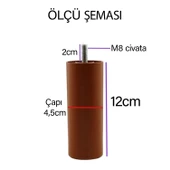 Destek Ayağı 12 cm Kahverengi ve Metal Düz Ayak Tabanı M8 Civatalı İnce Diş Mobilya Kanepe Baza Seti - 3