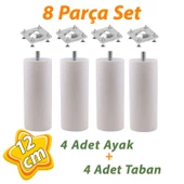 4 Adet Destek Ayağı 12 cm Beyaz ve 4 Adet Düz Ayak Tabanı M8 Civatalı İnce Diş Mobilya Baza Koltuk Seti thumbnail 1