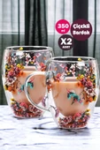 2'li Çift Cidarlı Flower Cup 350ml Çiçekli Bardak Kahve Çay Bardağı El Yapımı Kulplu Cam Bardak Set - 1