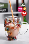 4'lü Çift Cidarlı Flower Cup 350ml Çiçekli Bardak Kahve Çay Bardağı El Yapımı Kulplu Cam Bardak Set - 1