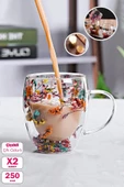 2'li Çift Cidarlı Çiçekli Bardak 250ml Kahve Çay Bardağı El Yapımı Kulplu Borosilikat Cam Bardağı - 1