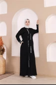 Taş Detaylı Fermuarlı Cepli Uzun Ferace - 71181.003 - Siyah - 7