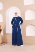 Taş Detaylı Fermuarlı Cepli Uzun Ferace - 71181.006 - İndigo - 2