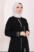 Taş Detaylı Fermuarlı Cepli Uzun Ferace - 71181.003 - Siyah - 9