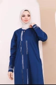 Taş Detaylı Fermuarlı Cepli Uzun Ferace - 71181.006 - İndigo - 7