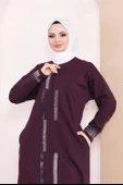 Taş Detaylı Fermuarlı Cepli Uzun Ferace - 71181.020 - Mürdüm - 9