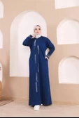 Taş Detaylı Fermuarlı Cepli Uzun Ferace - 71181.006 - İndigo - 5