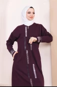 Taş Detaylı Fermuarlı Cepli Uzun Ferace - 71181.020 - Mürdüm - 7
