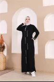 Taş Detaylı Fermuarlı Cepli Uzun Ferace - 71181.003 - Siyah - 3