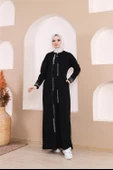 Taş Detaylı Fermuarlı Cepli Uzun Ferace - 71181.003 - Siyah - 1