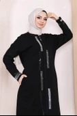 Taş Detaylı Fermuarlı Cepli Uzun Ferace - 71181.003 - Siyah - 8