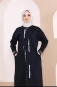 Taş Detaylı Fermuarlı Cepli Uzun Ferace - 71181.015 - Lacivert - 8