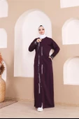 Taş Detaylı Fermuarlı Cepli Uzun Ferace - 71181.020 - Mürdüm - 10