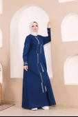 Taş Detaylı Fermuarlı Cepli Uzun Ferace - 71181.006 - İndigo - 10