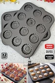 2 Adet 12li Cupcake Muffin Kalıbı Gül Kabartmalı Yanmaz Yapışmaz Fırın Kek Kapsülü Çelik Siyah - 1