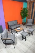 UFUK HOME Linda 2-1-1 + 2 Puf + Sehpalı Gri Bahçe Balkon Takımı Bahçe Mutfak Mobilyası,kafe Sandalyesi,bahçe Pufu - 1