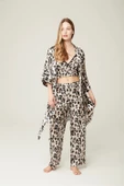 Saten Ashley Sabahlık Büstiyer Pantolon 3'lü Takım Leopard - 1