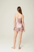 Saten Belinda Şort Büstiyer Takım Vizon 2'li Set - 3
