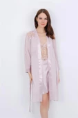Dantelli Saten Alice Sabahlık ve Gecelik 2'li Set Pudra - 2
