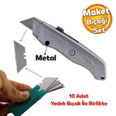 Metal Maket Bıçak Halı Bıçağı Çok Amaçlı Maket Bıçağı Küçük Değiştirilebilir 10 Adet Yedek Bıçak - 1